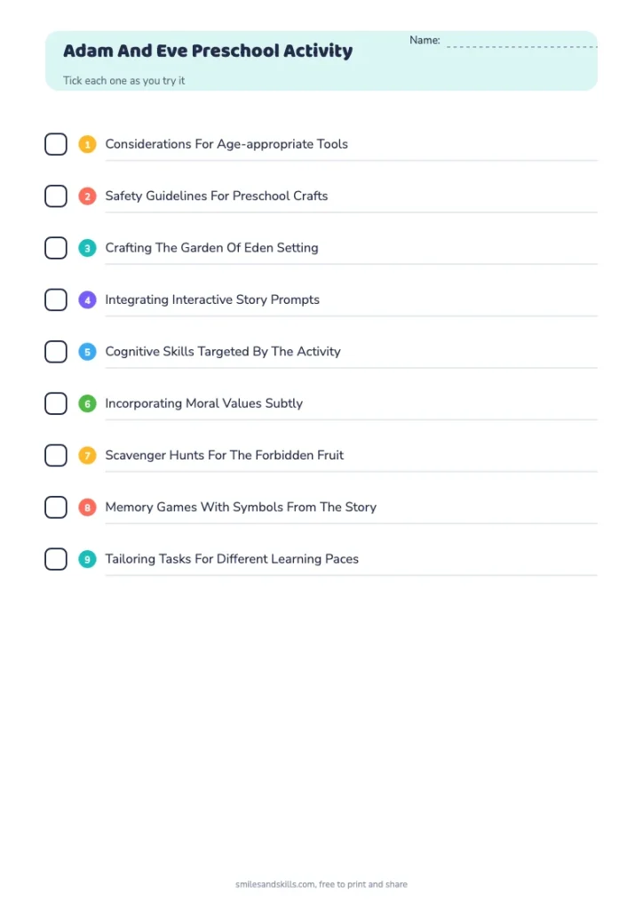 Adam And Eve Preschool Activity checklist