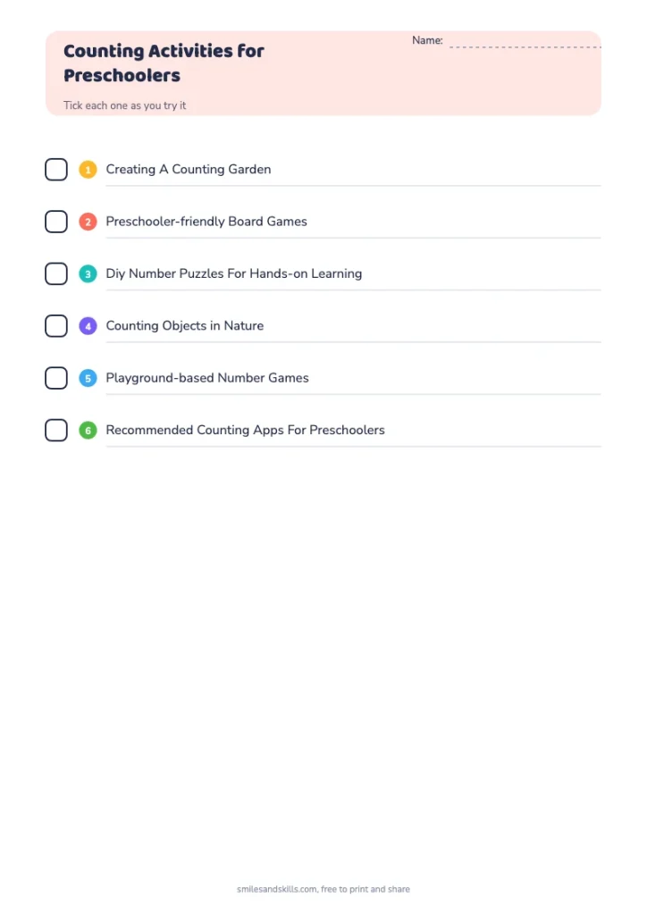 Counting Activities for Preschoolers checklist