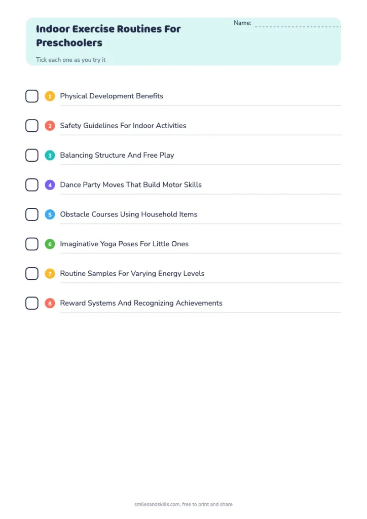 Indoor Exercise Routines For Preschoolers checklist