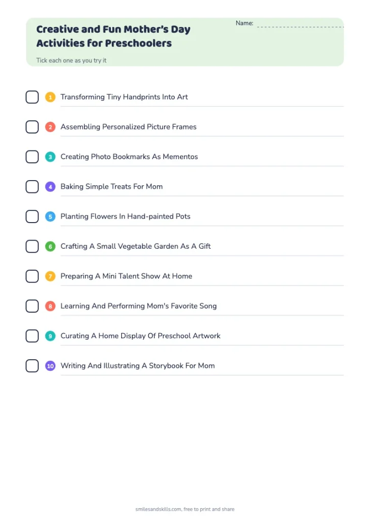 Creative and Fun Mother’s Day Activities for Preschoolers checklist
