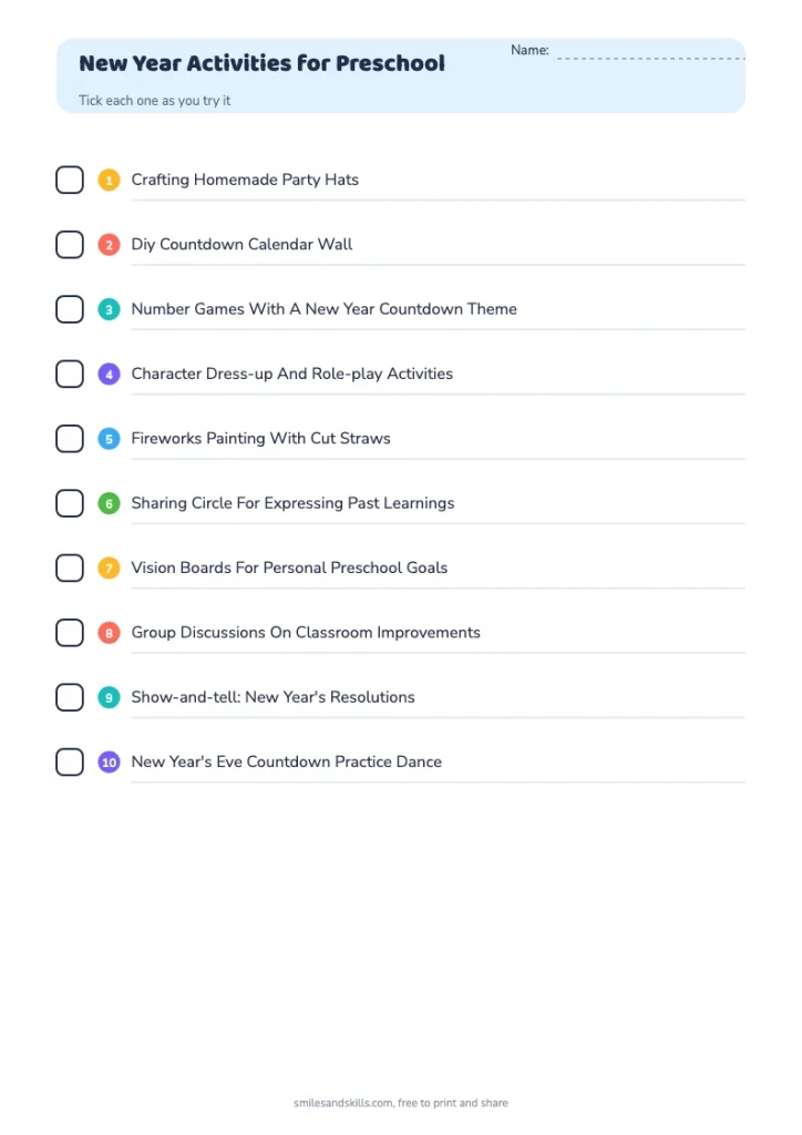 New Year Activities for Preschool checklist