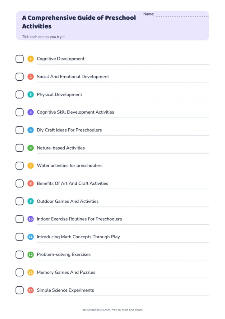 A Comprehensive Guide of Preschool Activities checklist