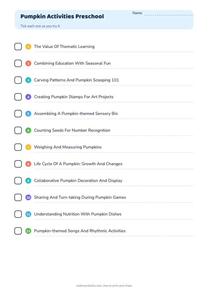 Pumpkin Activities Preschool checklist