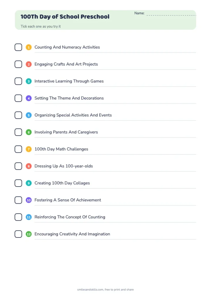 100Th Day of School Preschool checklist