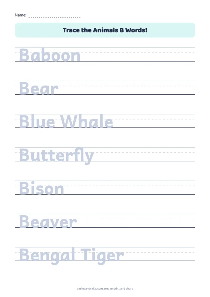 Trace the Animals B Words