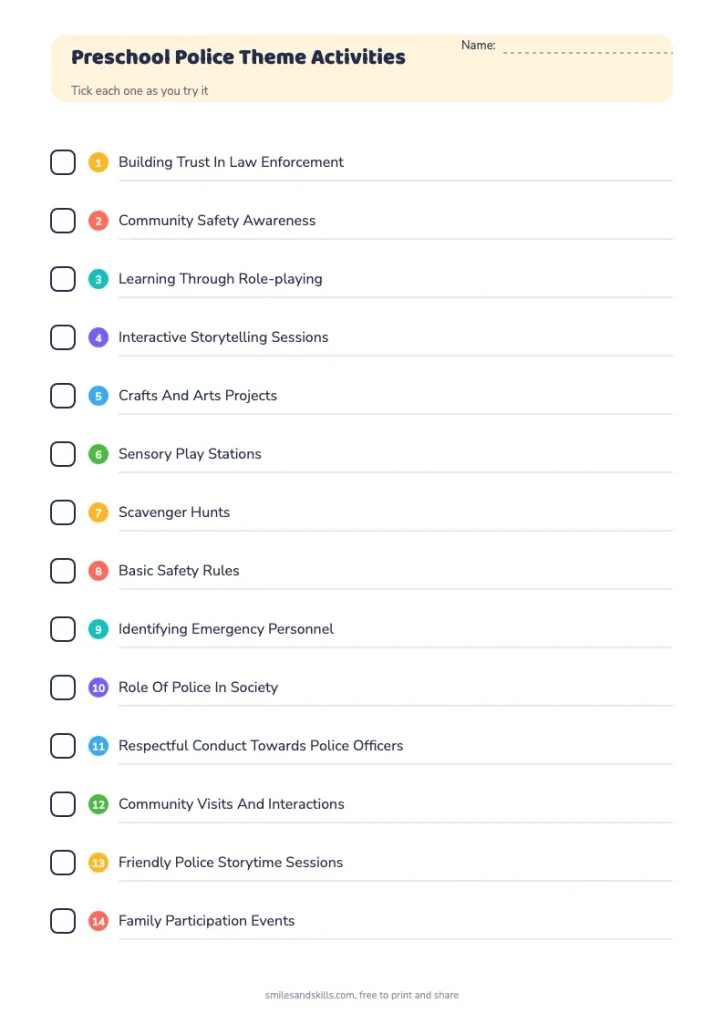 Preschool Police Theme Activities checklist