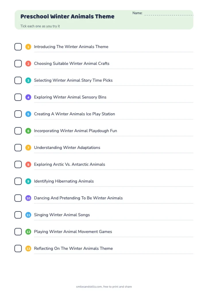 Preschool Winter Animals Theme checklist