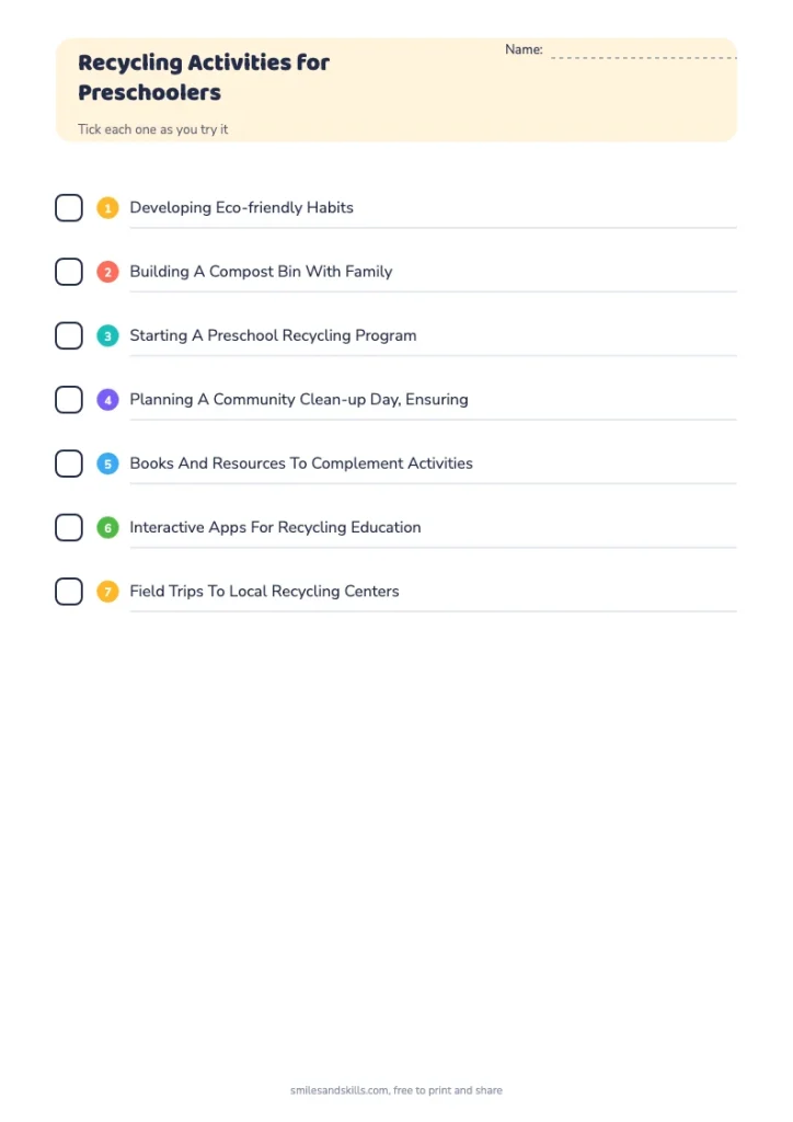 Recycling Activities for Preschoolers checklist