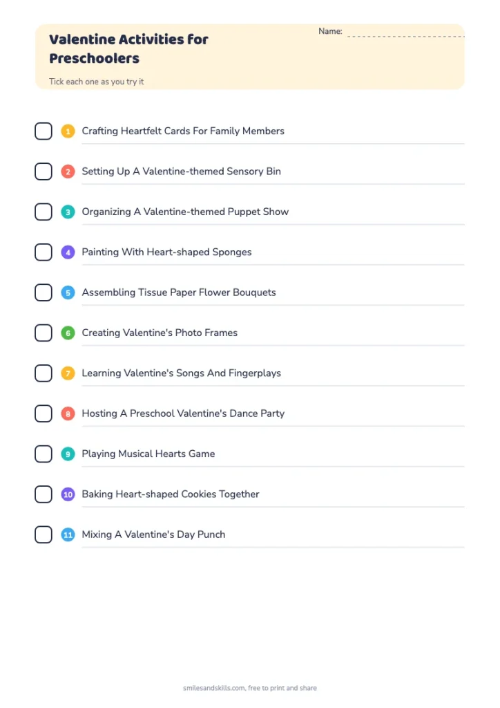 Valentine Activities for Preschoolers checklist