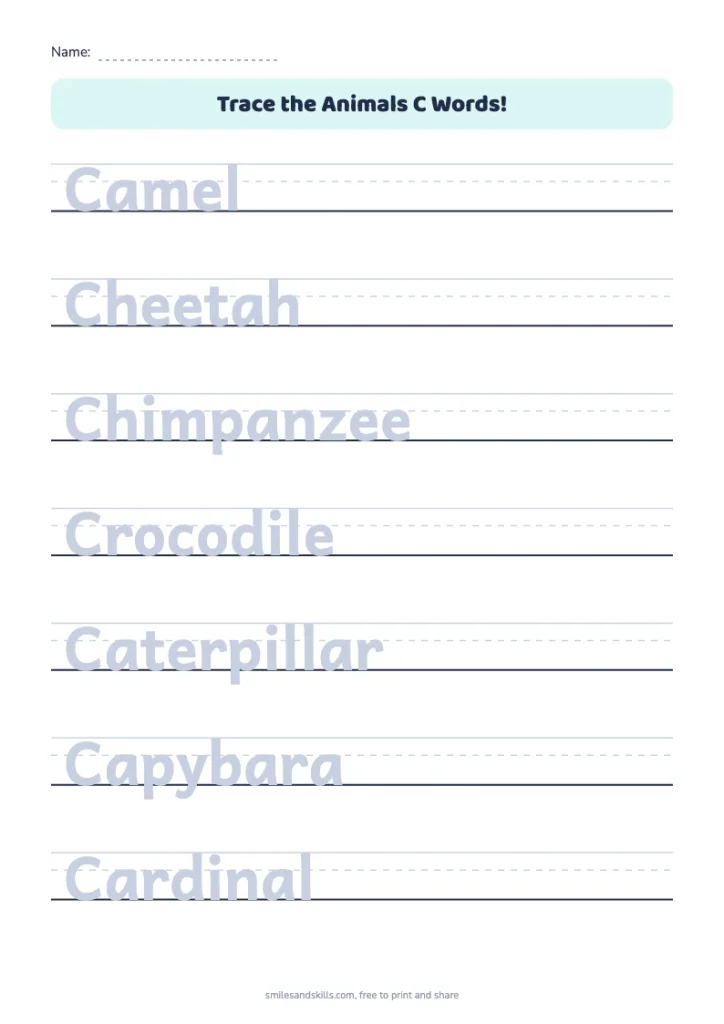 Trace the Animals C Words