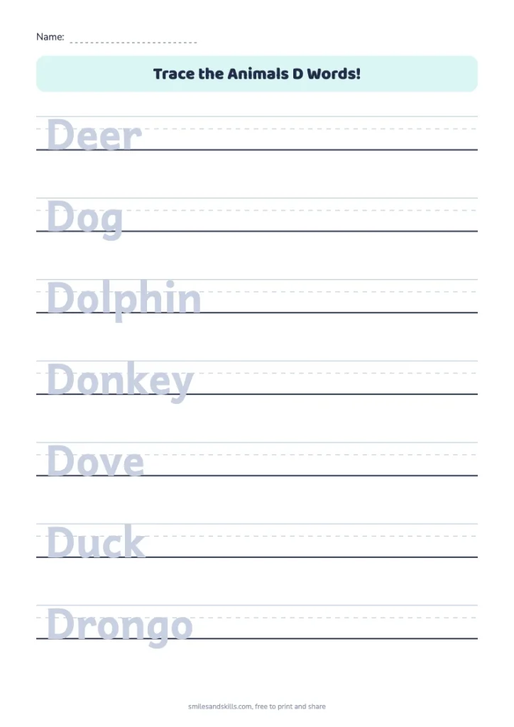 Trace the Animals D Words