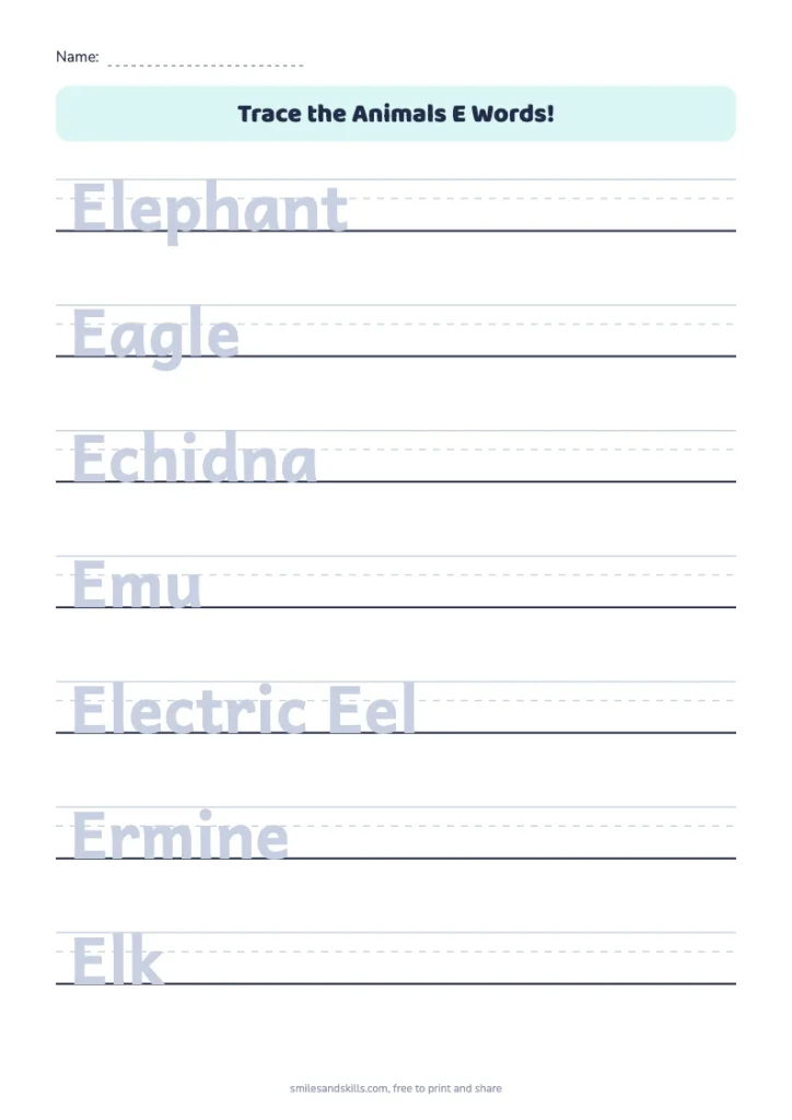 Trace the Animals E Words