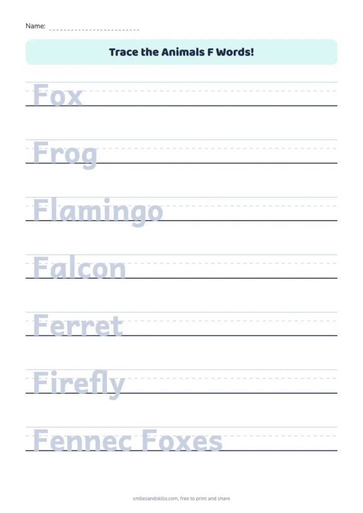 Trace the Animals F Words