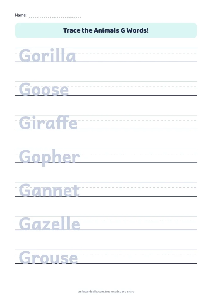 Trace the Animals G Words