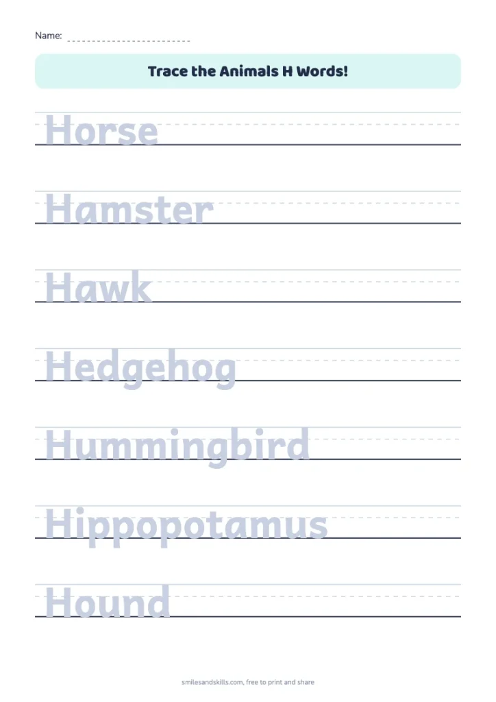 Trace the Animals H Words
