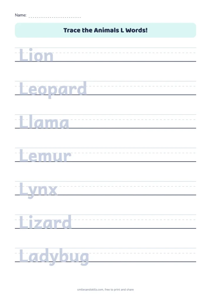Trace the Animals L Words
