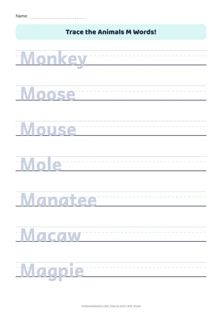 Trace the Animals M Words