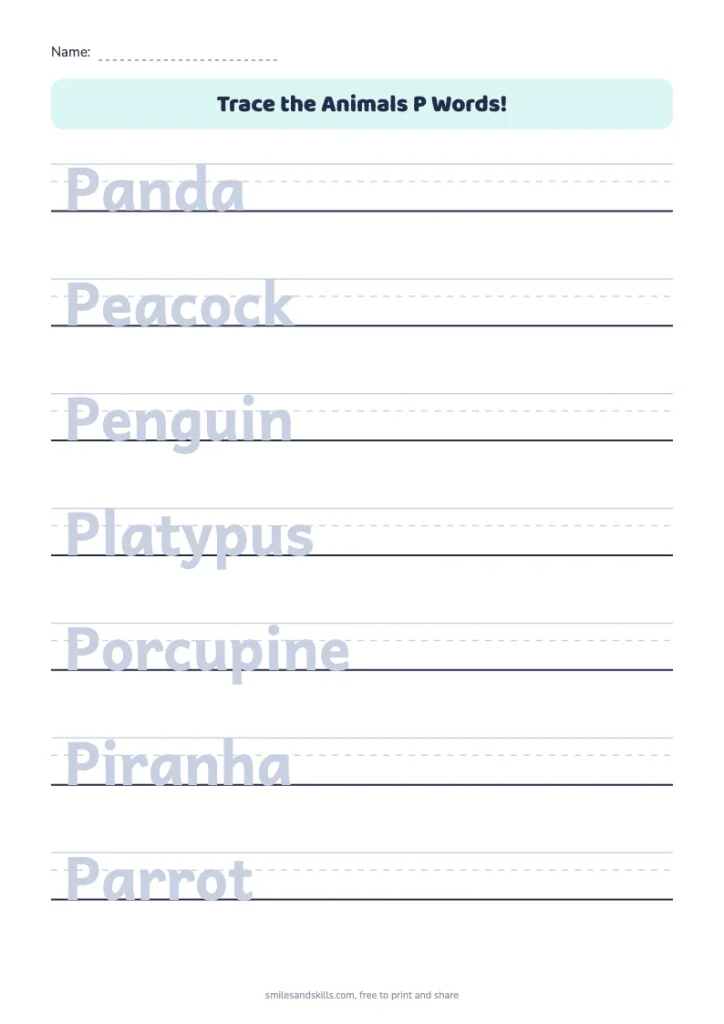 Trace the Animals P Words