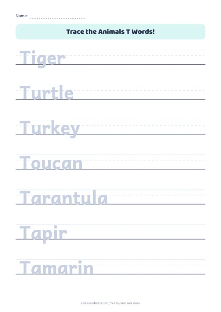 Trace the Animals T Words