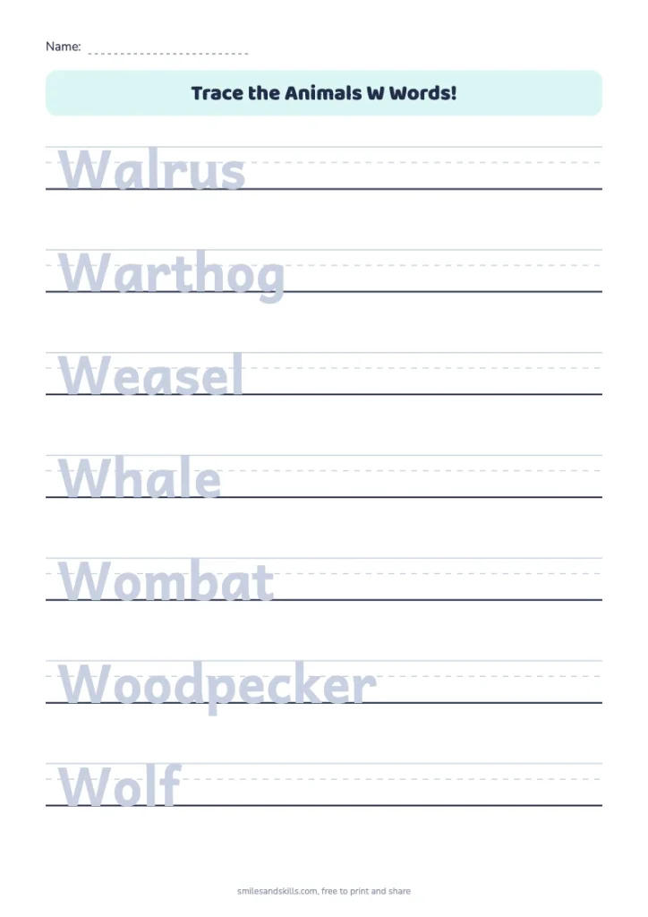 Trace the Animals W Words