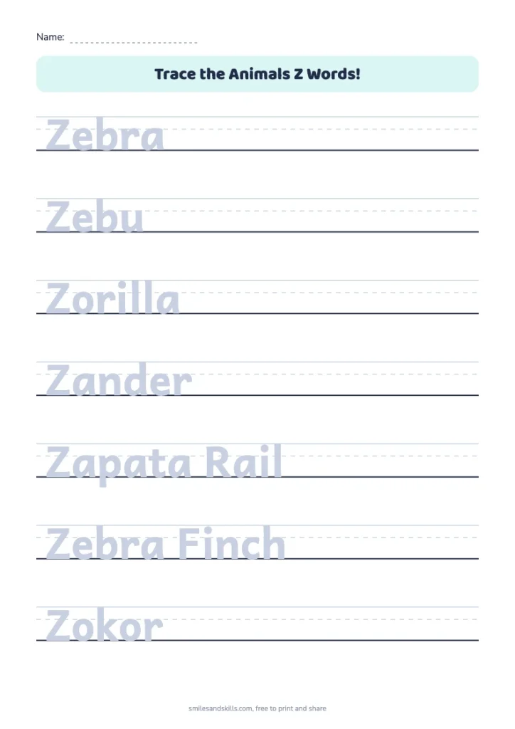 Trace the Animals Z Words