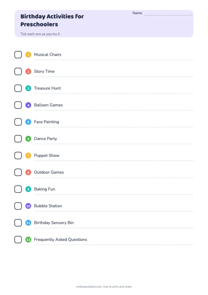 Birthday Activities for Preschoolers checklist