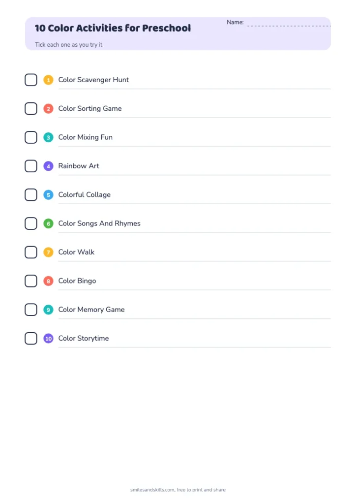 10 Color Activities for Preschool checklist