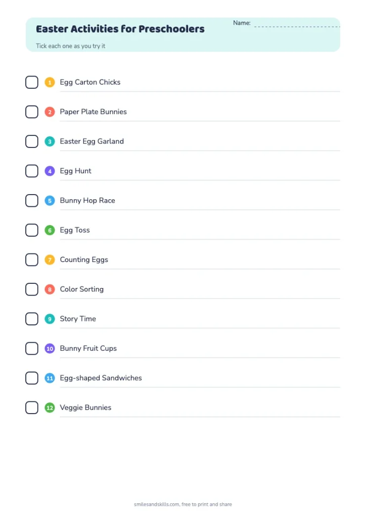 Easter Activities for Preschoolers checklist