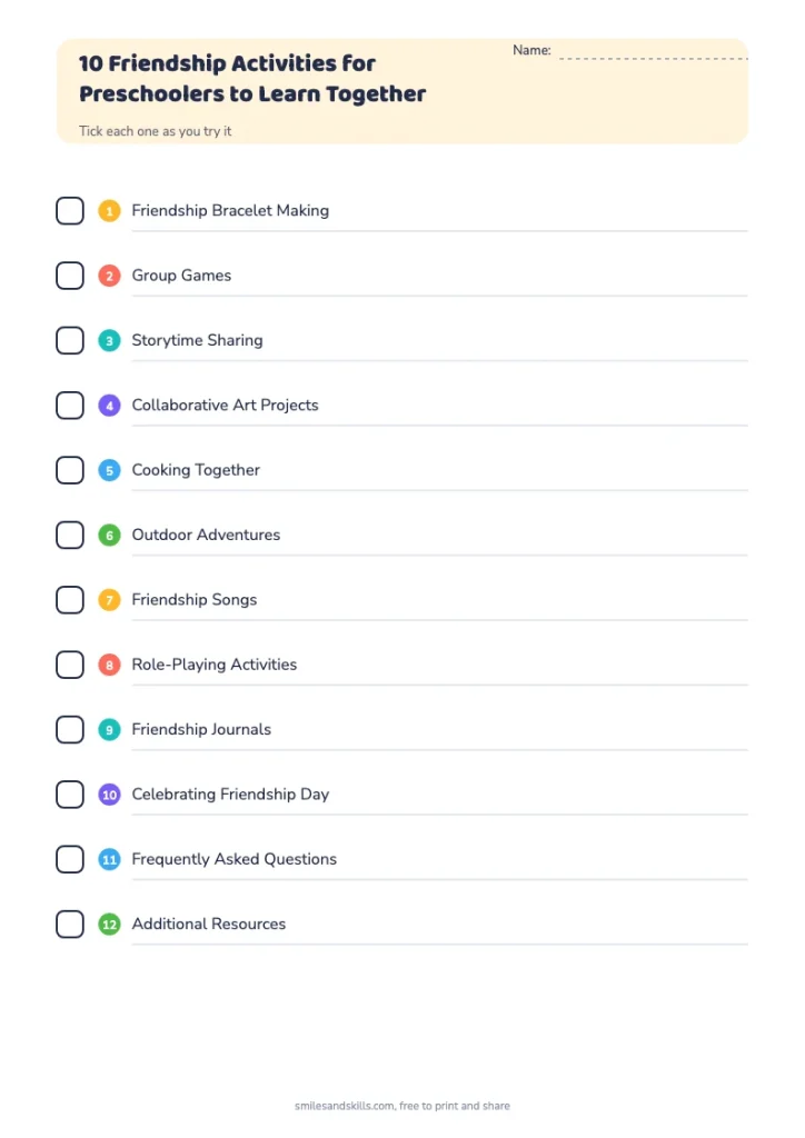 10 Friendship Activities for Preschoolers to Learn Together checklist