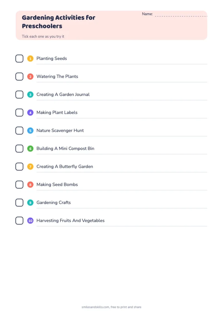 Gardening Activities for Preschoolers checklist