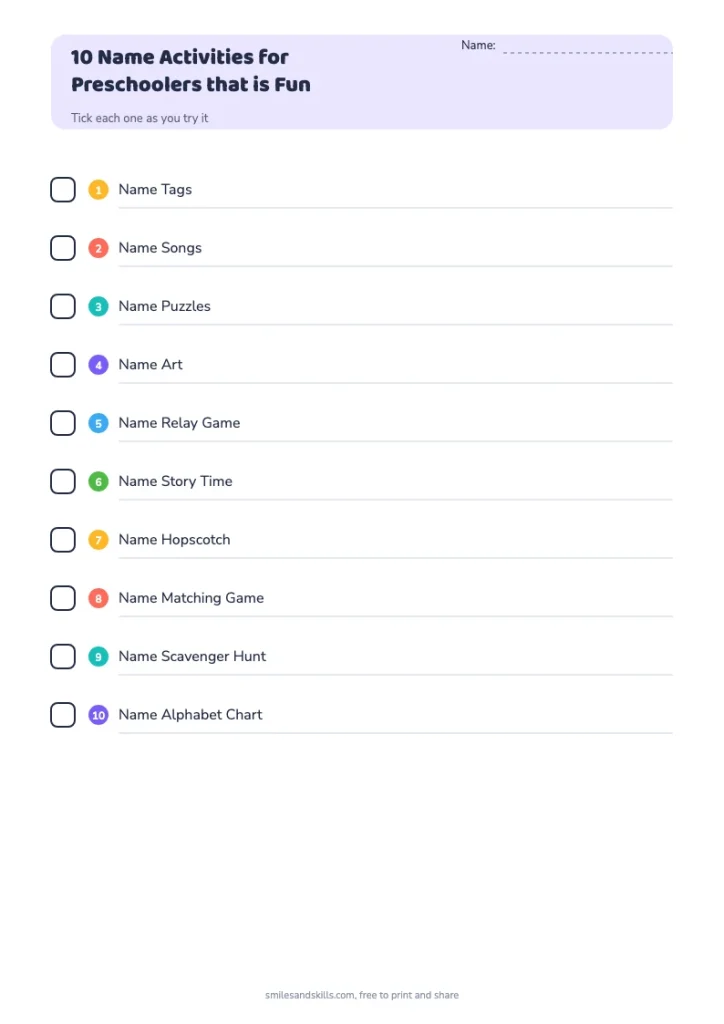 10 Name Activities for Preschoolers that is Fun checklist