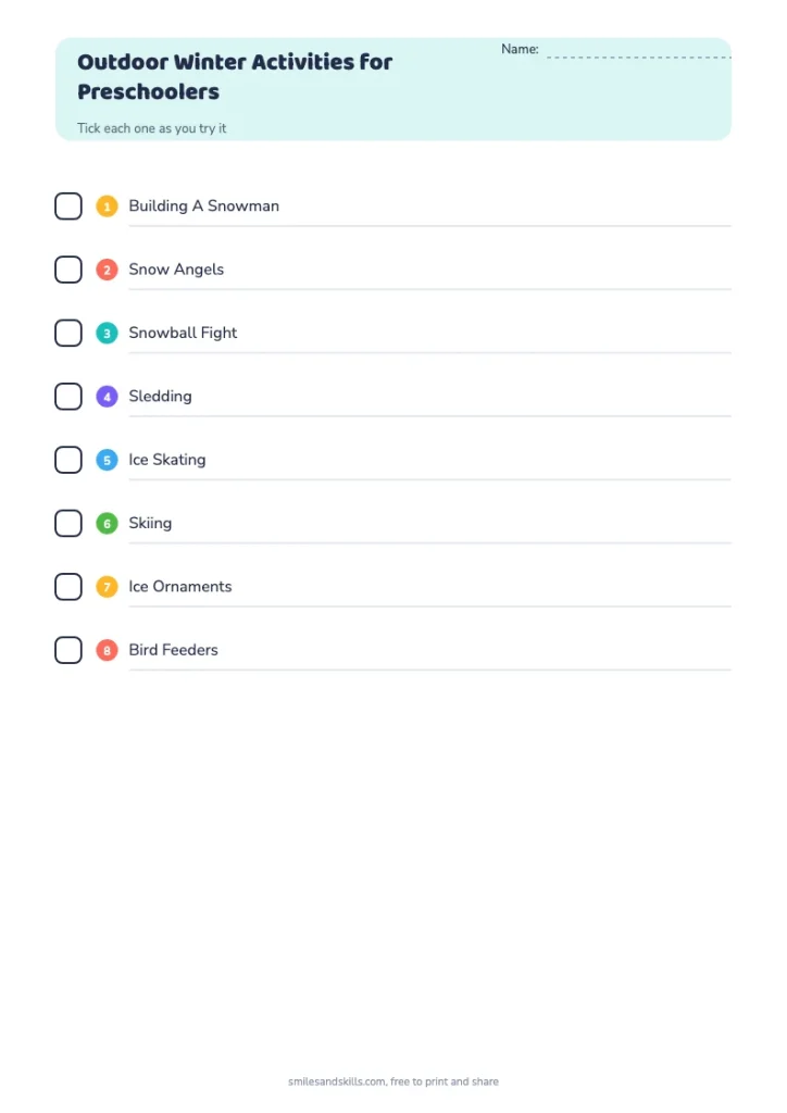 Outdoor Winter Activities for Preschoolers checklist