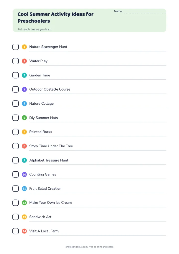 Cool Summer Activity Ideas for Preschoolers checklist