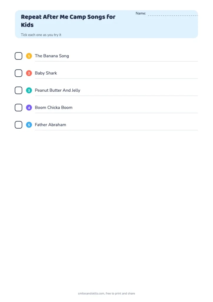 Repeat After Me Camp Songs for Kids checklist