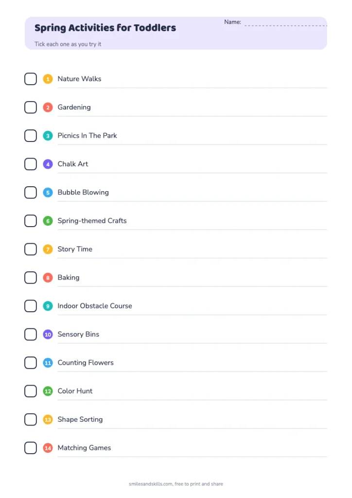 Spring Activities for Toddlers checklist