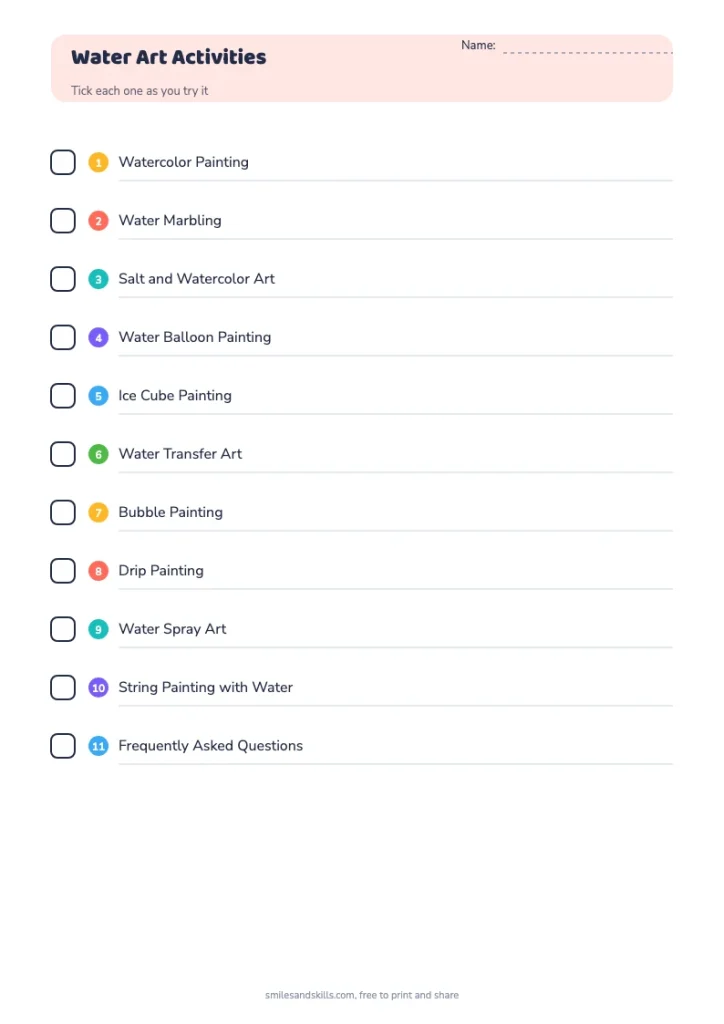 Water Art Activities checklist