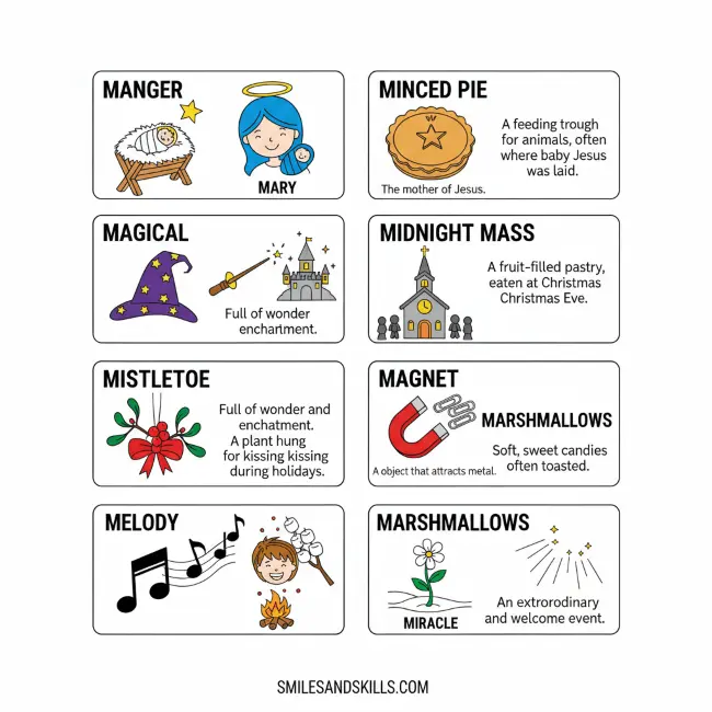 List of Christmas Words Starting with M Flash Cards