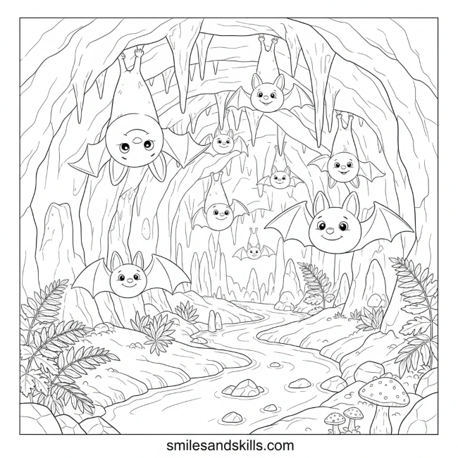 Bat Cave Scene - Complex underground cave with multiple hanging bats