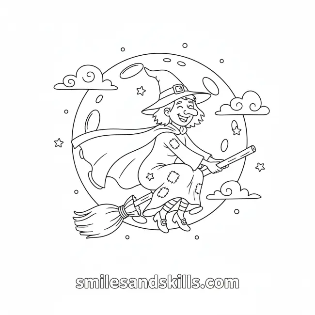 Classic Witch on Broomstick coloring page