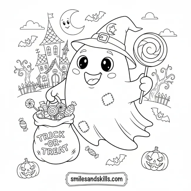 Cute Ghost Holding Candy Coloring Page