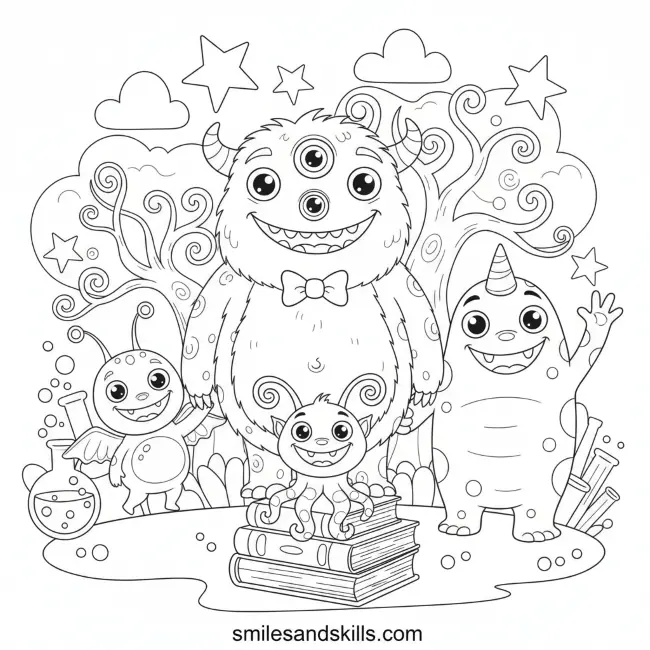 Cute Monster Family Coloring Page