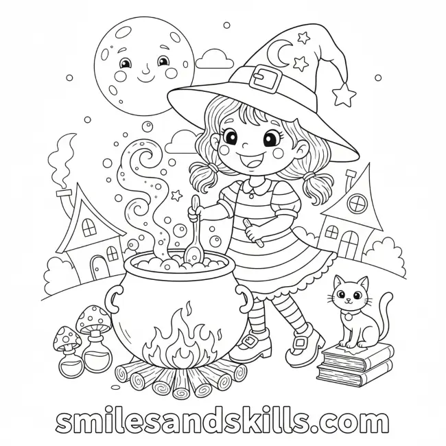 Cute Witch Stirring Cauldron Coloring Page