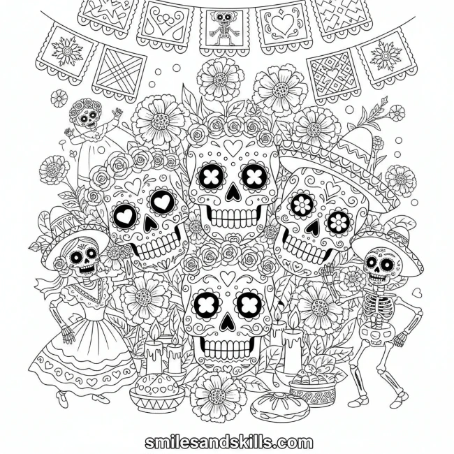 Day of the Dead Celebration - Festive scene with decorated skulls and marigolds