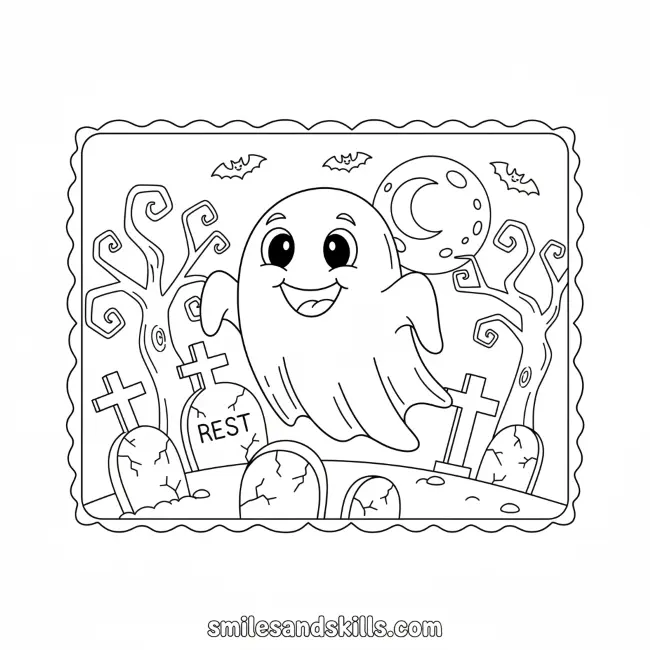 Ghost in Graveyard Coloring Page