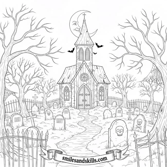 Graveyard with Haunted Church Halloween Coloring Page