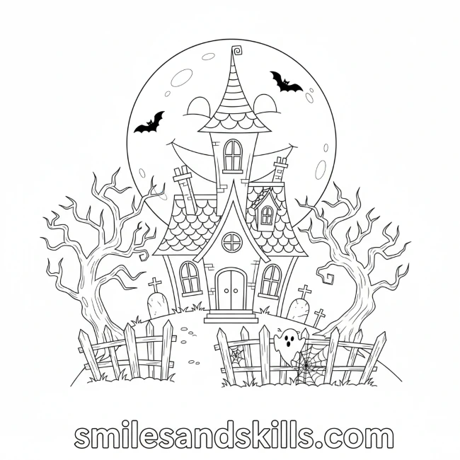 Haunted House with Full Moon Halloween Coloring Page