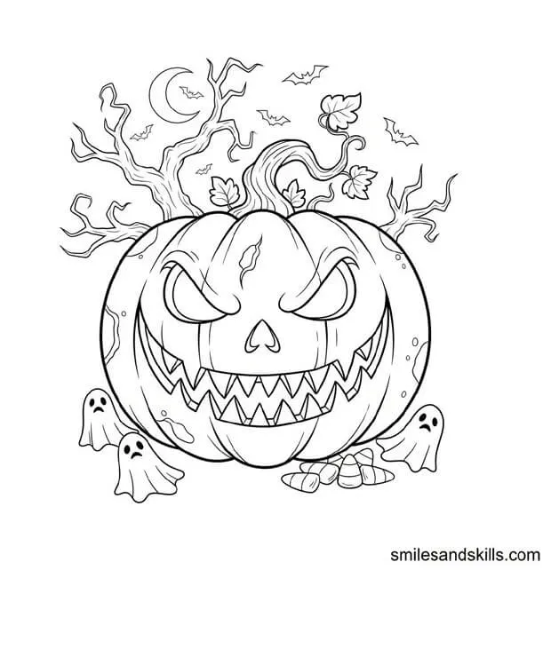 Scary-Pumpkin-with-Sharp Teeth Halloween Coloring Page