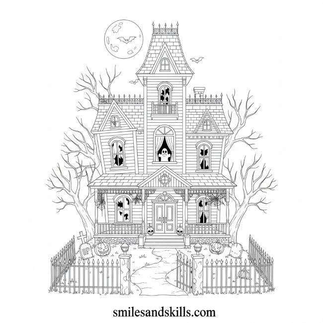 Spooky Victorian Mansion Halloween Coloring Page