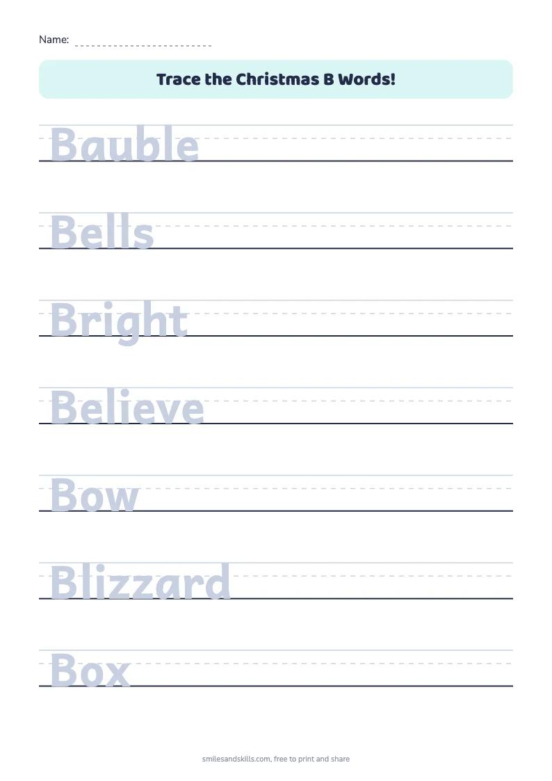Tracing worksheet with Christmas words starting with B on ruled lines