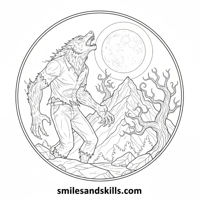 Werewolf Howling at Moon Coloring Page